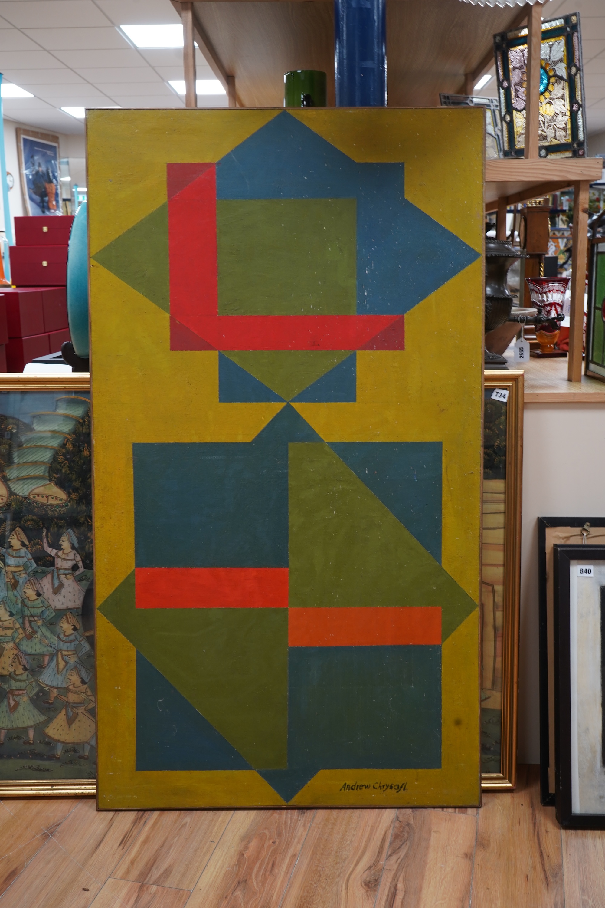 Andrew Chrysafi (b.1938), Untitled geometric abstract composition, signed, mid century oil on canvas, 137 x 76cm
